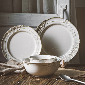 Vintage Baroque Embossed Stoneware <b>Dinnerware</b> <b>Sets</b> Relief Ceramic Plates and Bowls <b>Set</b> - Product Image 3