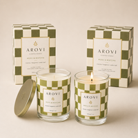 Bougie en verre parfumée au matcha Arovi-Trendy Green Checkered Soy Candle 200g avec couvercle en métal et boîte cadeau personnalisée