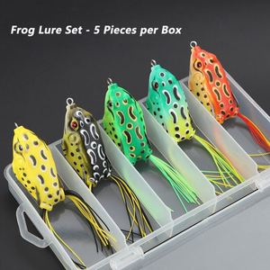 Set de 5 señuelos de pesca de rana artificial de superficie con cola larga para pesca en el fondo del lago, ideales para lubina. - Product Image 2