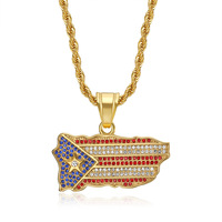 Kalung Liontin Zirkon Peta Bendera Puerto Rico Hip Hop, Baja Anti Karat PVD Personal, untuk Pria Wanita, Perhiasan Fashion Grosir