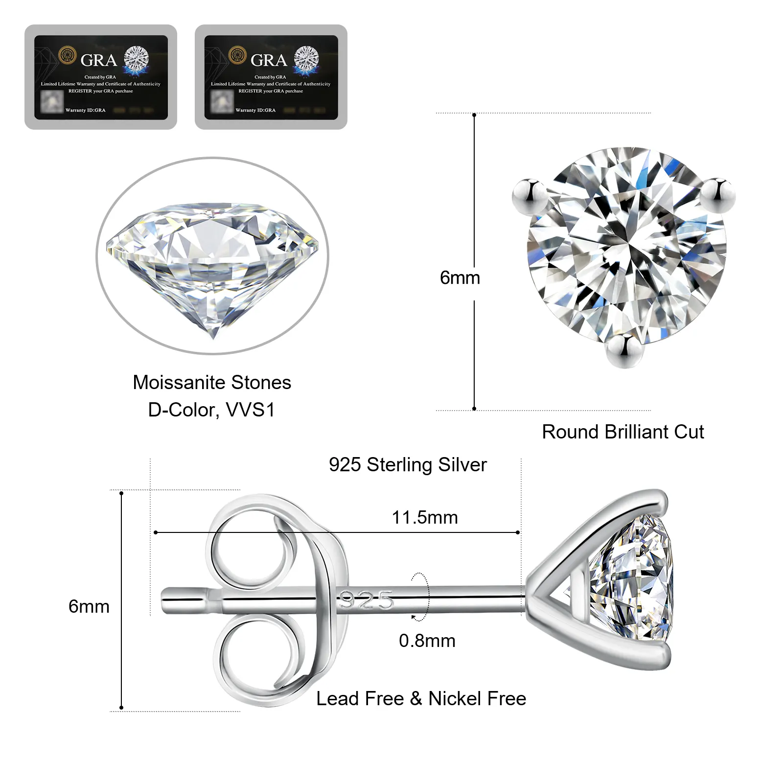 KRKC 도매 VVS1 0.5ct0.6ct0.8ct1.0ct925 스털링 실버 다이아몬드 남성 귀걸이 모이사나이트 웨딩 스터드 신부를 위한 귀걸이