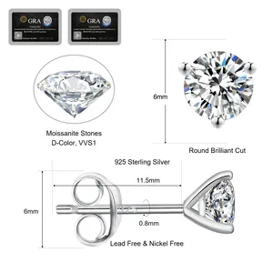 KRKC Wholesale VVS1 0.5ct 0.6ct 0.8ct 1.0ct925スターリングシルバーダイヤモンドメンズイヤリングモアッサナイトウェディングスタッドピアス花嫁用