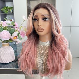 Perruques synthétiques Lace 13x4 Rose Pêche Ondulé Italien avec Mèches, Transparentes, Sans Colle, Aspect Naturel, Ligne de Cheveux Pré-Plumée, Résistantes à la Chaleur - Product Image 3