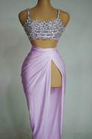 Ensemble 2 pièces élégant pour femme : haut court et jupe trompette en satin à imprimé naturel avec pompons – Tenue de soirée