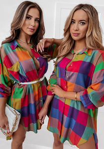Neue Herbst Winter Turn Down Kragen Kleider Lady Elegant <span class=keywords><strong>Long</strong></span> Plaid Print Lose Langarm Bluse Damen Freizeit kleider - Product Image 5