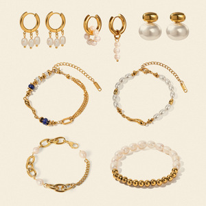 Conjunto de Pendientes y Pulsera, Pulseras de Perlas Blancas, Pendientes de Aro Dorados Vintage Franceses, Conjuntos de Joyería de Moda al por Mayor ALN25121662 - Product Image 1