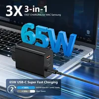 Chargeur GaN 65W EU OEM ODM 2 ports Type-C USB-A 3 ports PD3.0 QC Charge rapide Chargeur de voyage Charge simultanée de plusieurs appareils