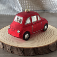 Hiasan Gantung Pohon Natal Mobil Klasik Vintage Ornamen Kaca Figur Merah Perak dengan Glitter