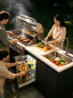 Centre de cuisson extérieur moderne et confortable avec barbecue au gaz intégré, évier en acier inoxydable et mini-réfrigérateur pour les barbecues de week-end en famille