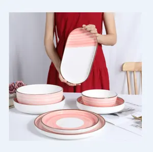 분홍색과 백색 세라믹 접시 세트 저녁식사 식기류 사기그릇 저녁식사 세트 우아한 사기그릇 저녁식사 세트