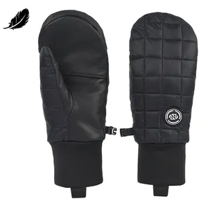 Outono Inverno Water Repellent Goatskin Luvas acolchoadas Down Ski Snowboard Mitts com couro Palm