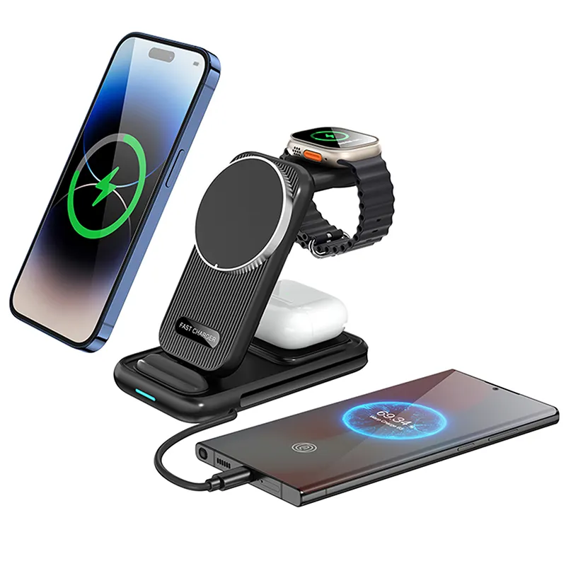 Cargador inalámbrico de 15W, estación de carga plegable rápida 3 en 1 para iPhone, auriculares, reloj para Samsung e Iwatch