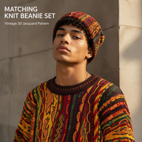 Pull en maille jacquard 3D rétro personnalisé pour homme, coupe ample, col rond, tricot épais décontracté, avec bonnet assorti