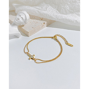 Gold Plated Double Layer <strong>Bead</strong> Chain Religious Cross Stainless Steel <strong>Bracelet</strong> for Men - Product Image 2