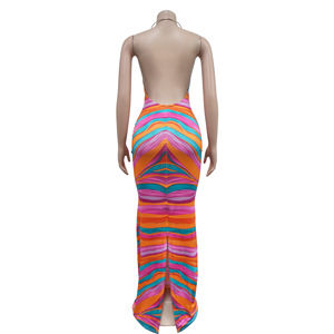 Vestido Maxi Casual Estampado a Rayas Más Vendido, Sin Mangas, con Espalda Descubierta y Escote en V Profundo para Mujer, a la Moda - Product Image 4