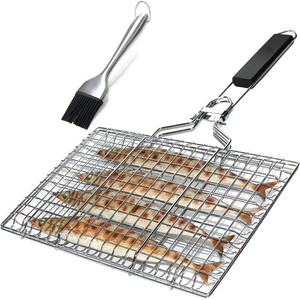 Stainless Steel Folding Grill Basket for Fish <b>Vegetables</b> Shrimp-Portable Removable Handle Basting <b>Brush</b> - Product Image 3