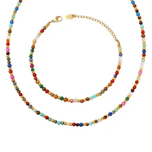 Boho Style Simple Metal Colorful Natural Stone Beaded Mixed Necklace for Women 18K Gold Plated Waterproof Necklace