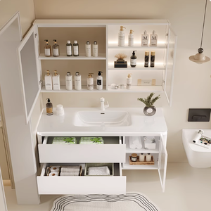 Combinación de Mueble de Baño de Madera Maciza con Lavabo Integrado de Cerámica y Espejo LED para Hogar y Hotel, Tocadores de Baño Modernos - Product Image 4