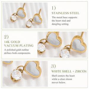 Boucles d'oreilles pendantes en forme de cœur en zircon blanc, acier inoxydable plaqué or 14 carats, 14 mm, bijoux - Product Image 4