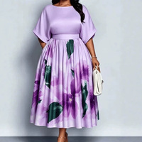 Robe midi grande taille à imprimé floral pour femme, col bateau, manches chauve-souris, taille haute, fluide et plissée, coupe trapèze, Sehe Fashion