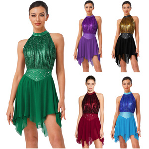 Robe de danse lyrique pour femmes, avec culotte intégrée métallique, justaucorps, robe de patinage artistique, danse moderne, danse de salon, robes de compétition - Product Image 1