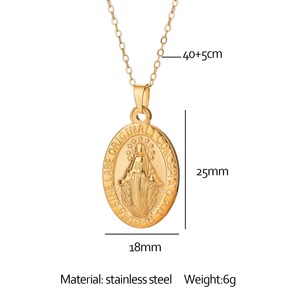 Collier Pendentif Ovale Minimaliste Religieux en Acier Inoxydable Plaqué Or, Miraculeux, Vierge Marie, Vente en Gros - Product Image 2