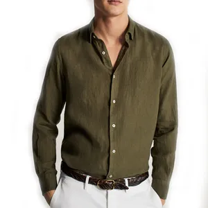 Kemeja Linen Pria, Baju Pantai Polos Berkancing Lengan Panjang, Mudah Dipadu Padan