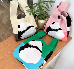 Women's Cute <strong>Panda</strong> Knitted Wool Bucket <strong>Bag</strong> Japanese Korean Style All-Match Casual Tote Hand-Carried Polyester Open Lunch Box - Product Image 4