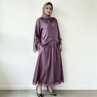 Ensemble Abaya 2 Pièces Personnalisé OEM pour Femme, Haut en Satin et Jupe Plissée en Dentelle, Coupe Ample Élégante, Style Turc, Robe Formelle Aïd
