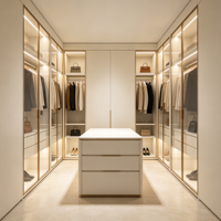 Système de dressing modulaire sur mesure, écologique, grande capacité, avec îlot central, portes vitrées et éclairage LED, pour vente en gros