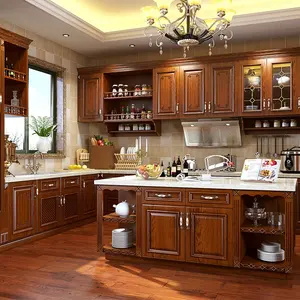 Armoire de cuisine en bois massif, Style américain, classique avec ile en bois