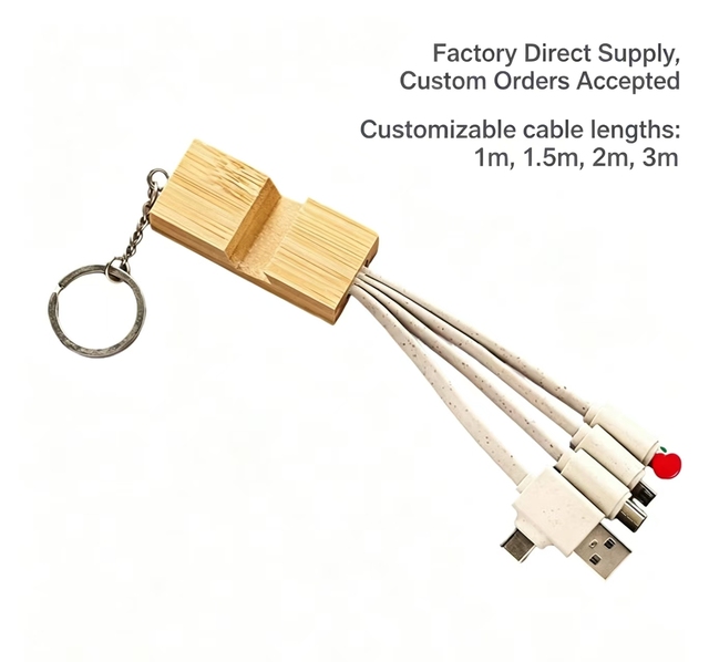 Direct Sales Bamboo 2 in 3 Dual Usb Fast Charging Cable Multifunction Keychain Type c Cable with Phone Stand