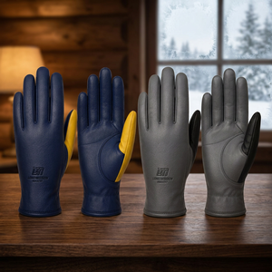 Gants en cuir écologiques doublés de fourrure pour l'hiver, compatibles écran tactile, longueur poignet, style uni gris-bleu avec accent jaune - Product Image 2