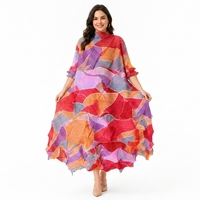 Robe longue plissée color block pour femme, col montant, manches trois quarts, coupe ample, grande taille, style Miyake, vente en gros