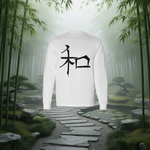 T-shirt a maniche lunghe con calligrafia cinese Harmony, bianca, unisex, taglia adulto, girocollo, stampa serigrafica - Product Image 4