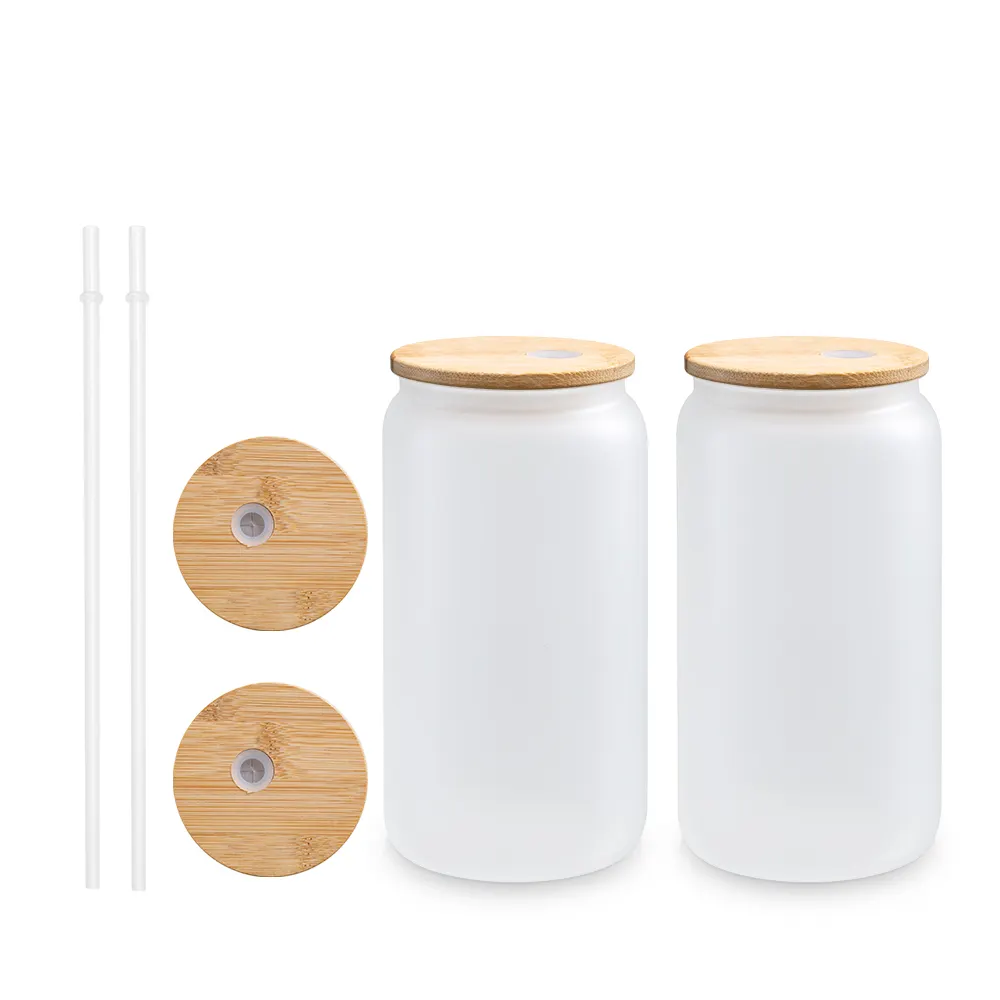 12oz 16oz Clear Frosted Sublimation Blanks straight tumbler Glass Can Glass Cup With Bamboo Lid and plastic Straw