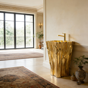 Lavabo su Colonna Artistico di Alta Gamma con Texture Tronco d'Albero Dorato, Costruzione in Fibra di Vetro per Bagni di Lusso - Product Image 4