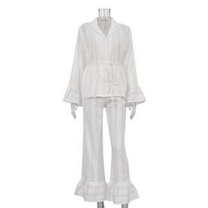 Camicetta con cintura <span class=keywords><strong>a</strong></span> balze <span class=keywords><strong>a</strong></span> forma di Anna Top e <span class=keywords><strong>pantaloni</strong></span> <span class=keywords><strong>Palazzo</strong></span> in cotone bianco Set in due pezzi da donna Set Casual da donna - Product Image 2