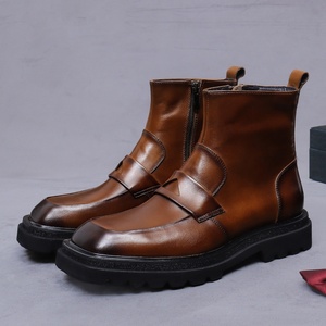 Bottes pour hommes en cuir véritable, style britannique, avec fermeture éclair latérale, chaudes, à bout carré, pour affaires, rehaussantes - Product Image 5