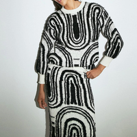 Tunique en tricot texturé bouclé jacquard noir et blanc pour femme, coupe mi-longue, style rétro artistique