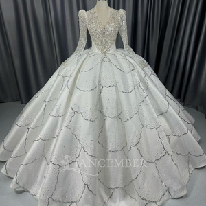 Lscm106 Ivory Deep V Neck Ball Gown <b>Wedding</b> Dress Heavy Beaded Sequin Scalloped Tiered Lace Up Back Gown Jancember - Product Image 6