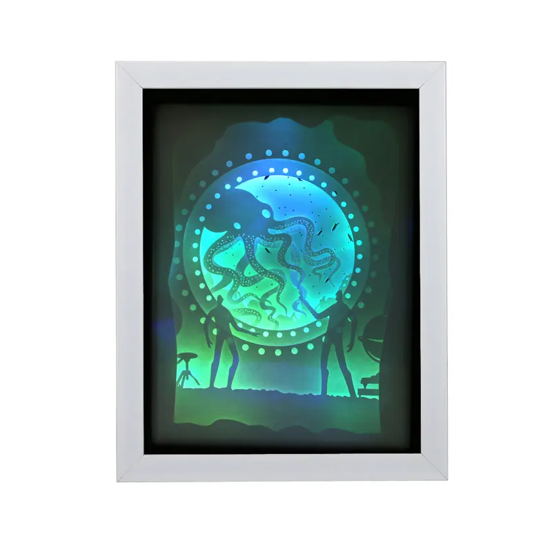 Automatically color change 3D wall art shadow box frame paper cut night light box