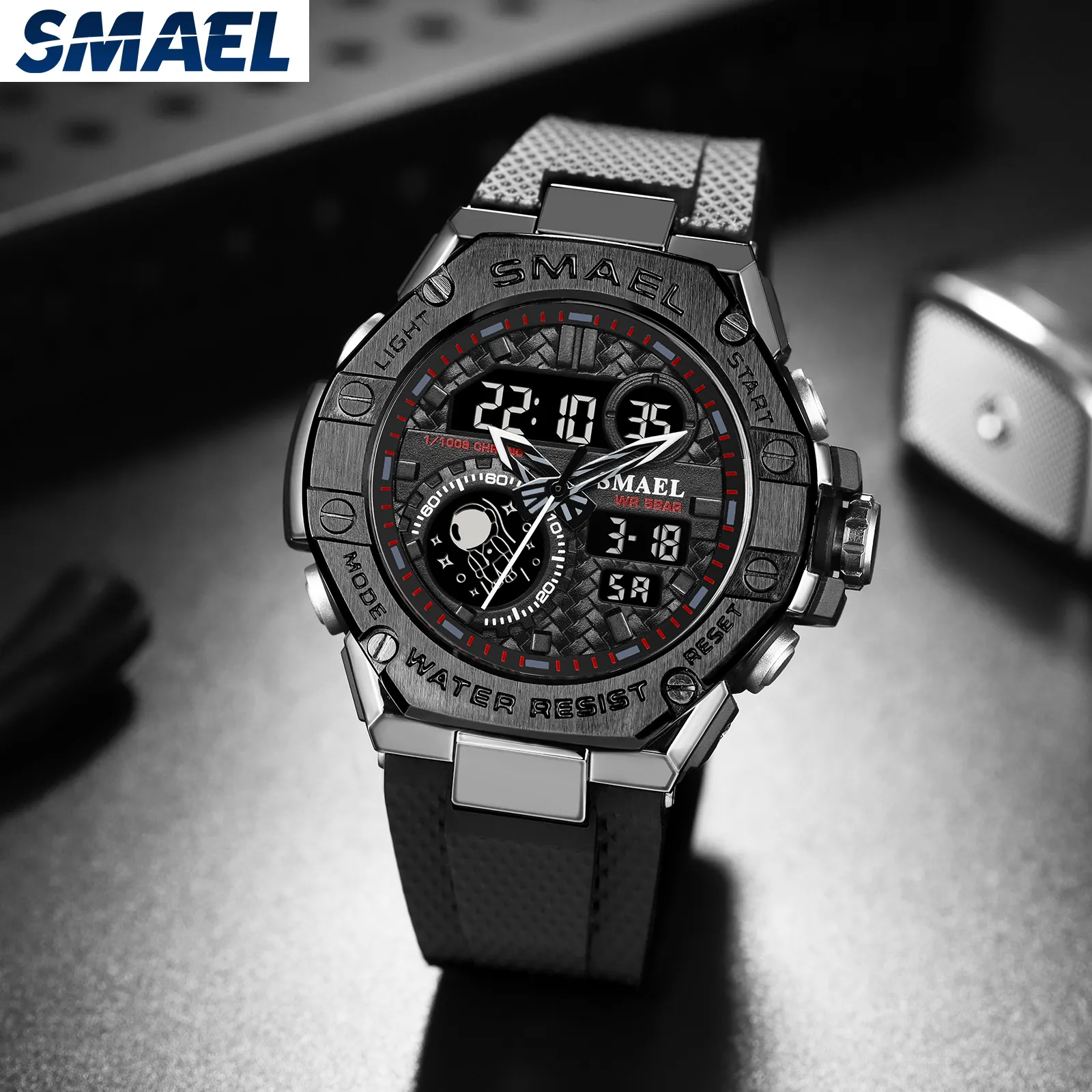 Мужские спортивные часы SMAEL 8068 из нержавеющей стали с мягким силиконовым ремешком, водонепроницаемость 50 метров, Мужские Цифровые часы с будильником