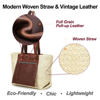 Grand sac fourre-tout d'été en paille tressée pour femme de bureau, avec bandoulière en cuir bicolore, fermeture à bouton, poche et multiples compartiments