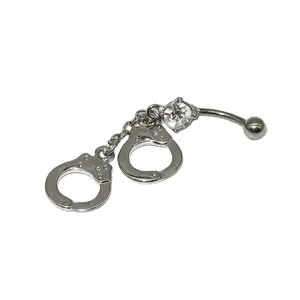 Body Piercing Jewelry Display Banana belly ring with dangling Cubic Zirconia handcuffs