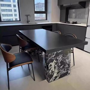 Juego de Mesa y Sillas de Comedor de Estilo Bauhaus Italiano, con Superficie de Roca Negra Pura, Duradero, Resistente a los Arañazos, de Gran Tamaño, Simple y Moderno - Product Image 3