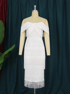 Vestido de talla grande con borlas y S-4XL <span class=keywords><strong>para</strong></span> mujer, bata blanca con hombros descubiertos y espalda descubierta, traje de noche <span class=keywords><strong>para</strong></span> fiesta de cumpleaños y Club - Product Image 4