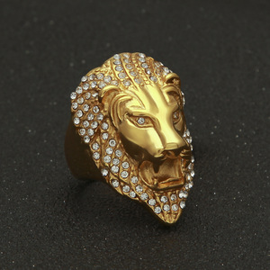 Micro Pave Rhinestone Iced Out Bling Lion Head <strong>Mens</strong> <strong>Ring</strong> IP Gold Filled <strong>Titanium</strong> Stainless Steel <strong>Rings</strong> for <strong>Men</strong> Jewelry - Product Image 1