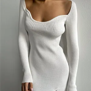 New in Winter Thickening White Loong Sleeve Knitwear Split Hem Women's Sweater Dress