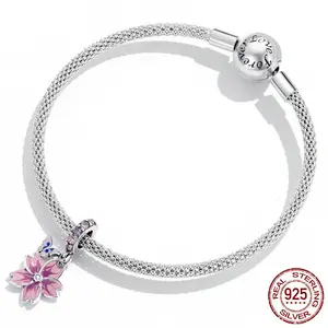 Gift Jewelry New Charm 925 Sterling Silver Bracelet Trendy Pink Sakura Pendants Charms